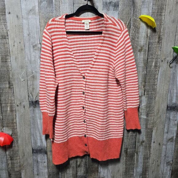 Sundance White and Red Orange Lambswool Blend Stripe Tunic Cardigan - Picture 1 of 4